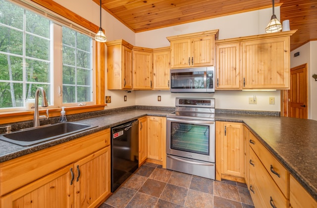 177 Meadow Ln, Smithfield, ME 04978 - kitchen with stainless steel appliances, a sink, wood ceiling, dark countertops, and pendant lighting