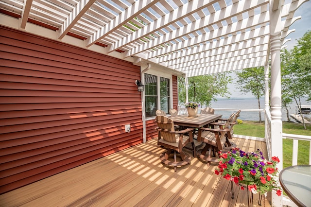 177 Meadow Ln, Smithfield, ME 04978 - deck featuring outdoor dining area, a water view, and a pergola