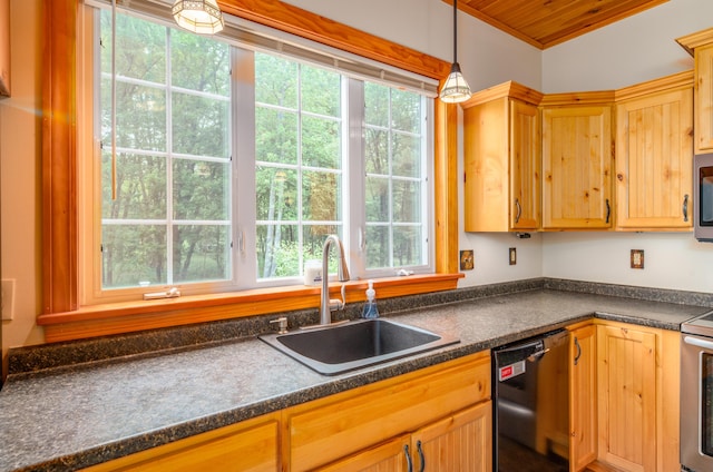 177 Meadow Ln, Smithfield, ME 04978 - kitchen featuring dishwasher, a sink, dark countertops, stainless steel microwave, and wooden ceiling