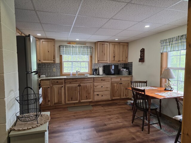 25 Oak Ridge Rd, Shirley, ME 04485 - kitchen featuring a sink, plenty of natural light, dark wood-style flooring, a paneled ceiling, and backsplash