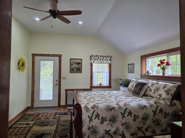 25 Oak Ridge Rd, Shirley, ME 04485 - bedroom with baseboards, vaulted ceiling, recessed lighting, and a ceiling fan