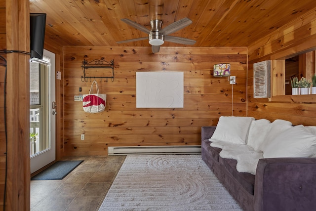 23 N Ave Unit 23, Saco, ME 04072 - unfurnished living room featuring baseboard heating, wood ceiling, wooden walls, and a ceiling fan