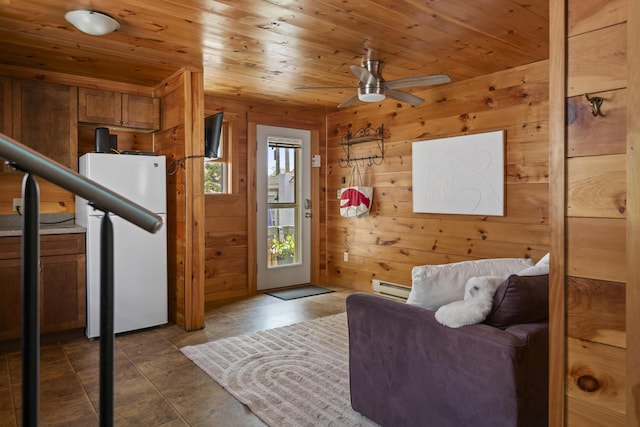 23 N Ave Unit 23, Saco, ME 04072 - living area featuring a baseboard heating unit, wooden walls, wood ceiling, and a ceiling fan