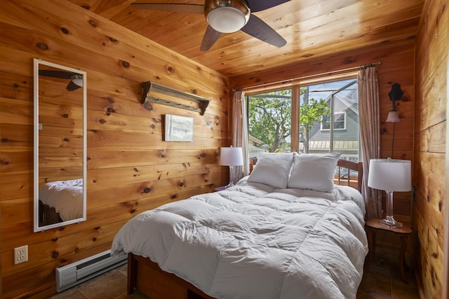 23 N Ave Unit 23, Saco, ME 04072 - tiled bedroom with wood walls, a baseboard radiator, wood ceiling, and ceiling fan