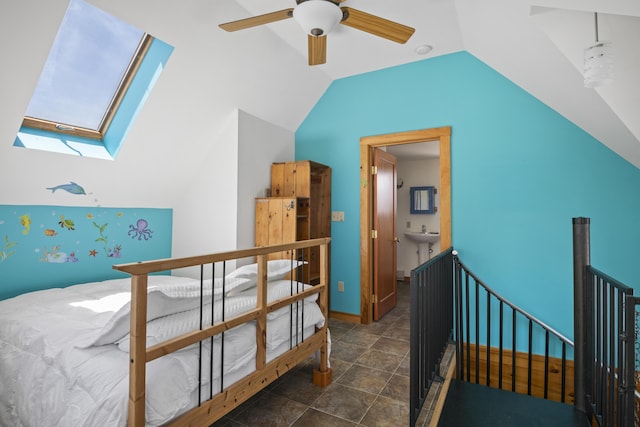 23 N Ave Unit 23, Saco, ME 04072 - bedroom featuring lofted ceiling, a skylight, and a ceiling fan