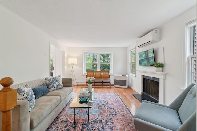 1 Dresden Ct Unit 1, Portland, ME 04103 - living room with a wall mounted air conditioner, light wood-style floors, a fireplace with raised hearth, and a baseboard radiator