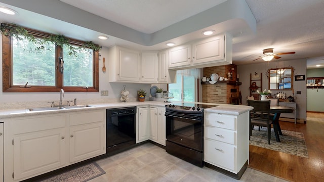 76 Parkview Ave, Livermore Falls, ME 04254 - kitchen with black appliances, a ceiling fan, light countertops, a peninsula, and recessed lighting