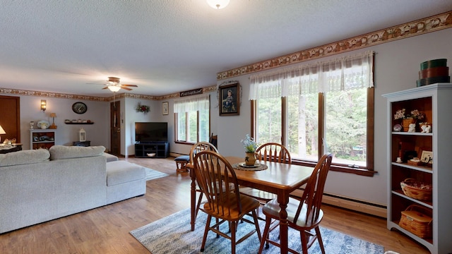 76 Parkview Ave, Livermore Falls, ME 04254 - dining room with ceiling fan, a textured ceiling, and light wood-style flooring