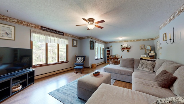 76 Parkview Ave, Livermore Falls, ME 04254 - living room with a baseboard heating unit, wood finished floors, a ceiling fan, and a textured ceiling