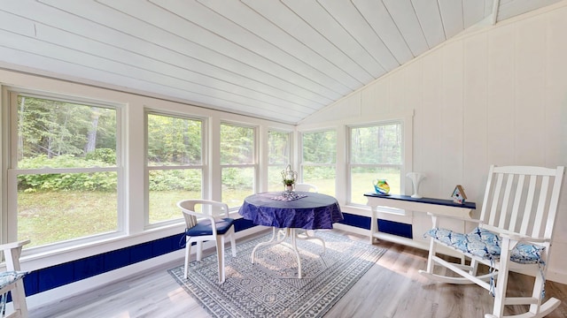 76 Parkview Ave, Livermore Falls, ME 04254 - sunroom featuring vaulted ceiling, wood finished floors, wooden ceiling, and a wooden deck