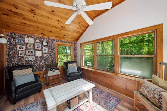 3 Wilson Ln, Saco, ME 04072 - living area featuring lofted ceiling, wooden ceiling, wood finished floors, and ceiling fan