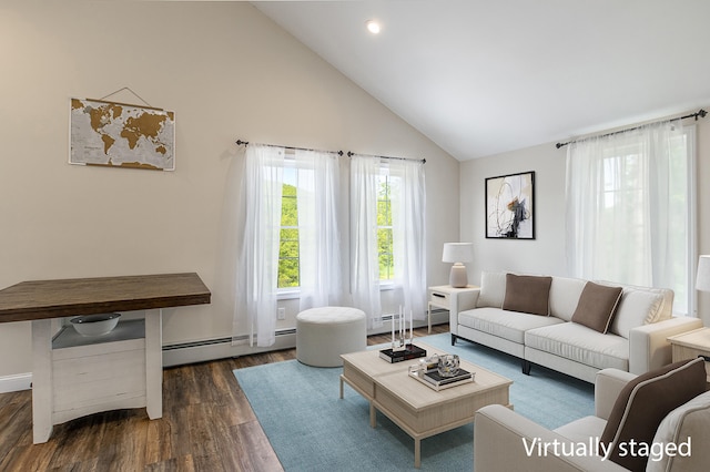 711 Newfield Rd, Shapleigh, ME 04076 - living room featuring high vaulted ceiling, wood finished floors, baseboard heating, baseboards, and recessed lighting