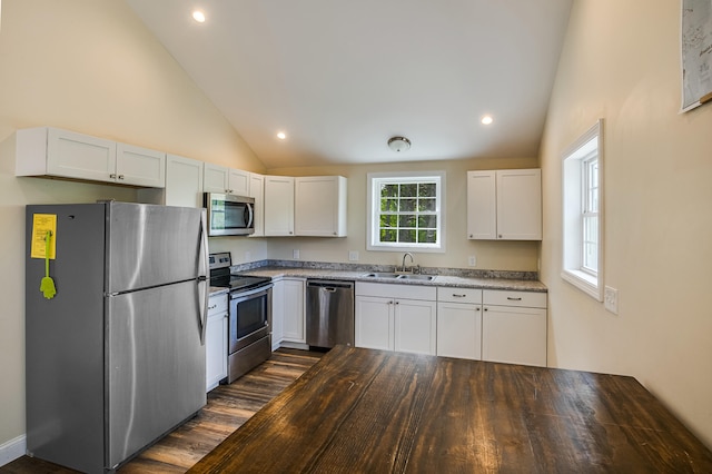 711 Newfield Rd, Shapleigh, ME 04076 - kitchen with stainless steel appliances, a sink, white cabinetry, dark wood finished floors, and recessed lighting