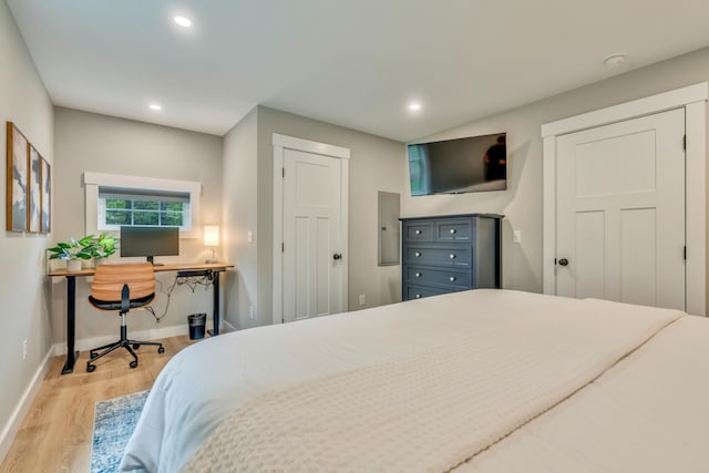 69 Bernier Ln, Waterboro, ME 04087 - bedroom with light wood-style floors, baseboards, an office area, and recessed lighting