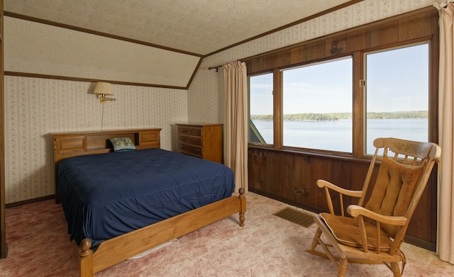 33 Houghton Pond Rd, West Bath, ME 04530 - bedroom featuring wallpapered walls, a water view, and carpet flooring