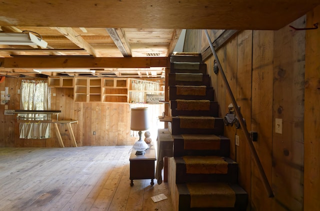 33 Houghton Pond Rd, West Bath, ME 04530 - stairway featuring wood-type flooring and wooden walls