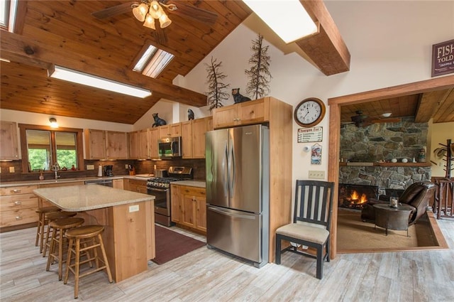 81 Bryers Cir, Boothbay, ME 04537 - kitchen featuring stainless steel appliances, ceiling fan, wood ceiling, light wood-type flooring, and tasteful backsplash