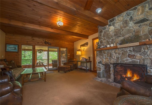 81 Bryers Cir, Boothbay, ME 04537 - carpeted living room with wooden ceiling and a stone fireplace
