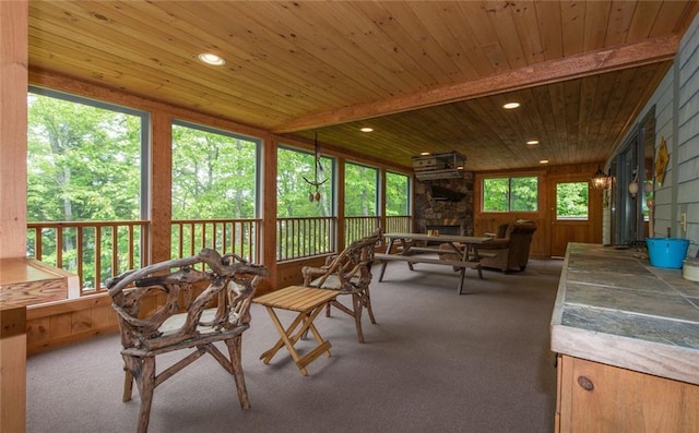 81 Bryers Cir, Boothbay, ME 04537 - sunroom with wooden ceiling, carpet floors, recessed lighting, and wood walls
