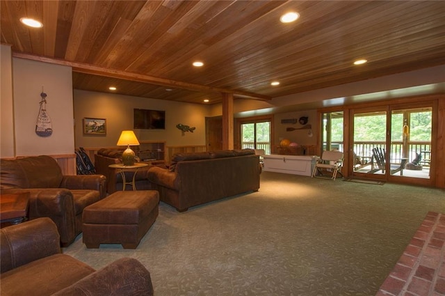 81 Bryers Cir, Boothbay, ME 04537 - living area with wood ceiling, carpet floors, recessed lighting, and a wainscoted wall