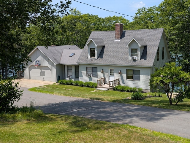 81 Bryers Cir, Boothbay, ME 04537 - new england style home featuring a chimney, a garage, a front yard, and a shingled roof