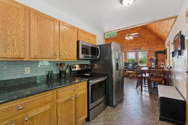 80 Hart St, Newport, ME 04953 - kitchen with appliances with stainless steel finishes, vaulted ceiling, wood walls, tasteful backsplash, and ceiling fan