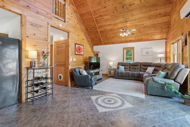 80 Hart St, Newport, ME 04953 - living room featuring wood walls, high vaulted ceiling, a ceiling fan, a wall unit AC, and wooden ceiling