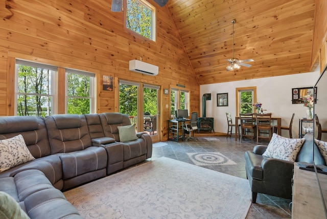 80 Hart St, Newport, ME 04953 - living area featuring a wall mounted air conditioner, high vaulted ceiling, healthy amount of natural light, wooden walls, and a ceiling fan