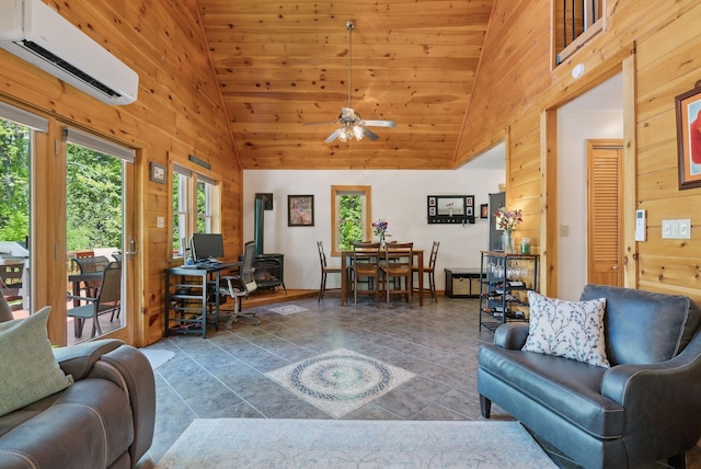 80 Hart St, Newport, ME 04953 - living room with high vaulted ceiling, a wall unit AC, wooden walls, a ceiling fan, and wooden ceiling