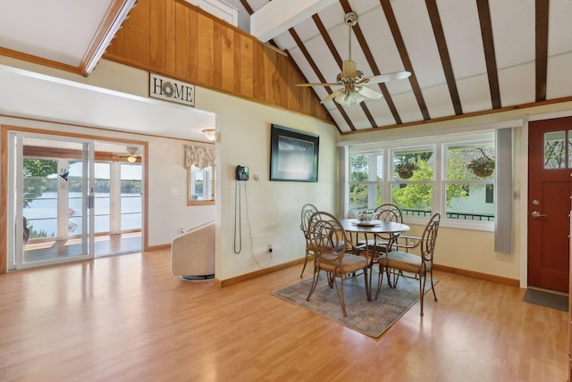 193 Park Ln, Windsor, ME 04363 - dining room with a ceiling fan, baseboards, healthy amount of natural light, light wood-style flooring, and beamed ceiling