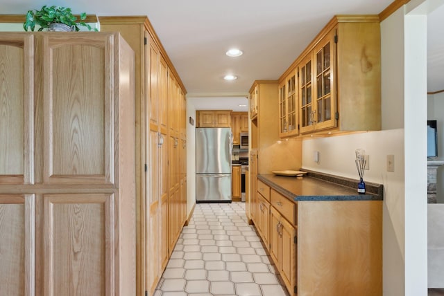 193 Park Ln, Windsor, ME 04363 - kitchen featuring appliances with stainless steel finishes, dark countertops, glass insert cabinets, and recessed lighting