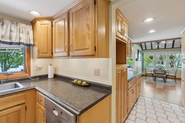 193 Park Ln, Windsor, ME 04363 - kitchen with dishwasher, dark countertops, recessed lighting, a ceiling fan, and light tile patterned flooring
