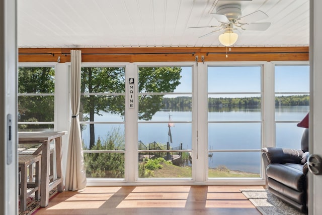 193 Park Ln, Windsor, ME 04363 - sunroom featuring a water view, plenty of natural light, wood finished floors, and wood ceiling