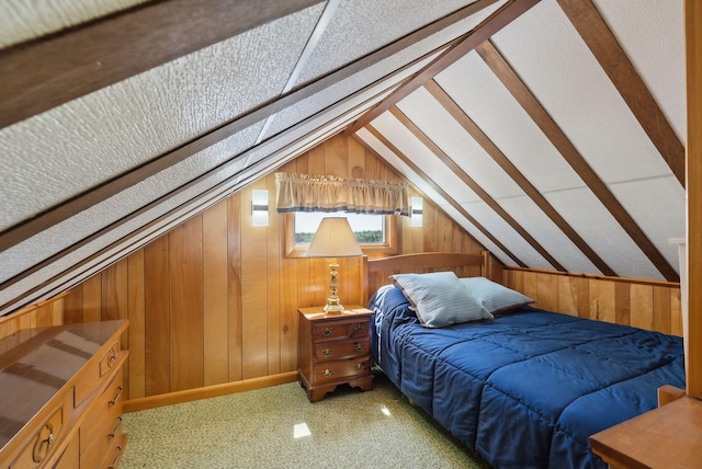 193 Park Ln, Windsor, ME 04363 - carpeted bedroom with vaulted ceiling and wood walls