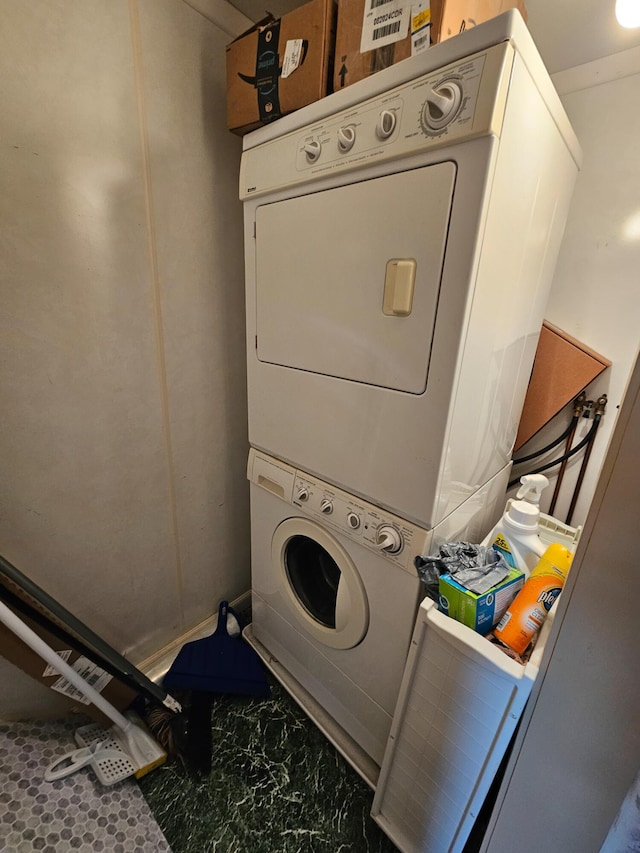 856 Weeks Mills Rd, New Sharon, ME 04955 - washroom featuring stacked washer and clothes dryer