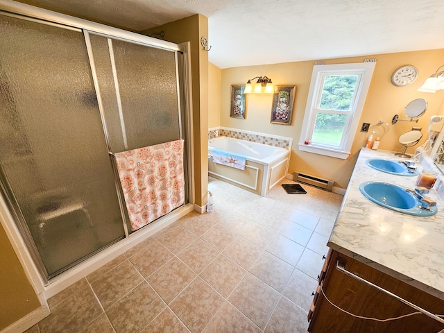 856 Weeks Mills Rd, New Sharon, ME 04955 - bathroom featuring a baseboard radiator, a stall shower, a bath, and tile patterned flooring