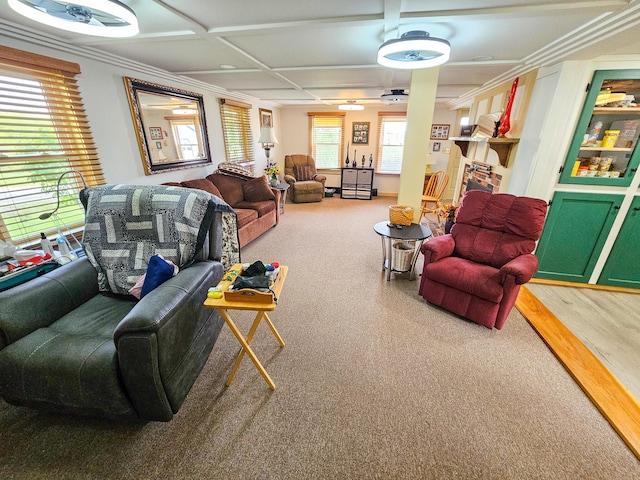 856 Weeks Mills Rd, New Sharon, ME 04955 - living room with coffered ceiling and carpet floors
