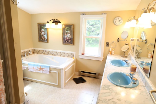 856 Weeks Mills Rd, New Sharon, ME 04955 - full bathroom featuring a baseboard radiator, double vanity, tile patterned flooring, and a bath