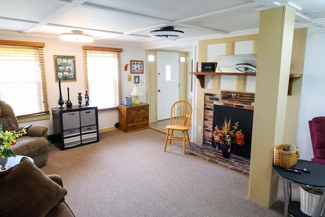 856 Weeks Mills Rd, New Sharon, ME 04955 - carpeted living room with coffered ceiling, a fireplace, beam ceiling, and ornamental molding