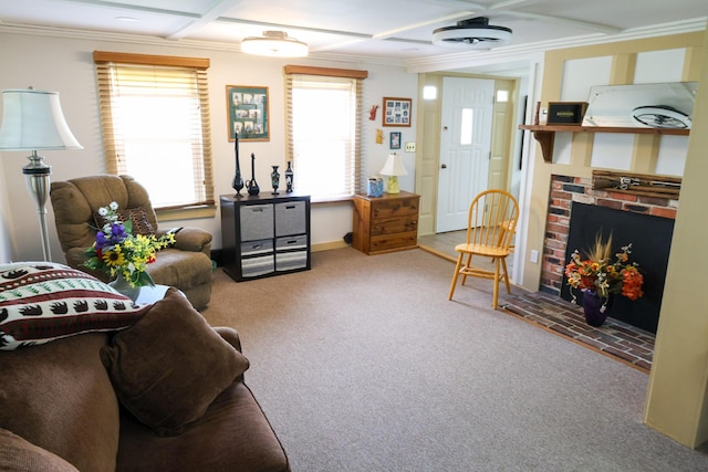 856 Weeks Mills Rd, New Sharon, ME 04955 - living area featuring carpet floors, crown molding, a brick fireplace, coffered ceiling, and beam ceiling
