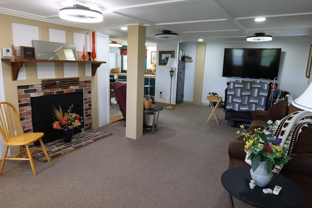 856 Weeks Mills Rd, New Sharon, ME 04955 - carpeted living area with a fireplace and recessed lighting