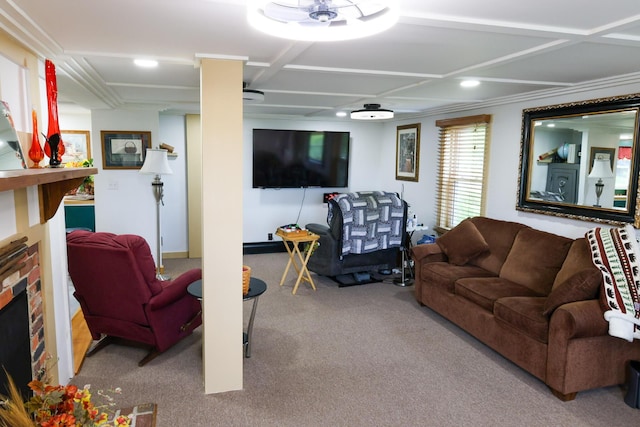 856 Weeks Mills Rd, New Sharon, ME 04955 - carpeted living room with coffered ceiling and recessed lighting