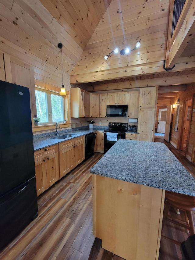 12 Jl Dr, Eustis, ME 04936 - kitchen with black appliances, a sink, wood ceiling, light brown cabinetry, and stone countertops