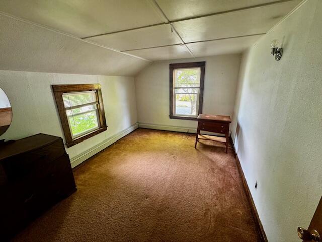19 Prospect St, Skowhegan, ME 04976 - additional living space with carpet, vaulted ceiling, baseboard heating, and baseboards