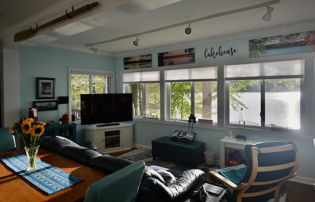 12B Trues Point Rd, New Gloucester, ME 04260 - living area featuring track lighting, baseboards, and wood finished floors