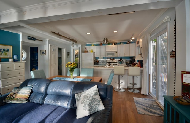 12B Trues Point Rd, New Gloucester, ME 04260 - living room featuring crown molding, wood finished floors, recessed lighting, and ceiling fan