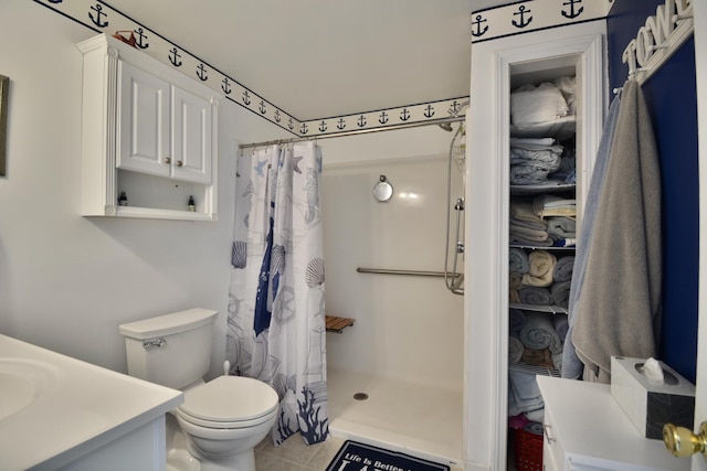 12B Trues Point Rd, New Gloucester, ME 04260 - full bathroom with vanity, toilet, a shower with shower curtain, and tile patterned floors