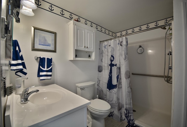 12B Trues Point Rd, New Gloucester, ME 04260 - bathroom with toilet, curtained shower, tile patterned flooring, and vanity