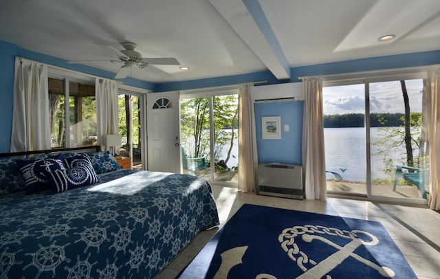 12B Trues Point Rd, New Gloucester, ME 04260 - bedroom with light tile patterned flooring, heating unit, a water view, access to outside, and beam ceiling