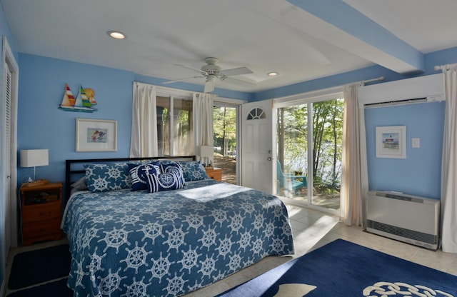 12B Trues Point Rd, New Gloucester, ME 04260 - bedroom featuring access to exterior, tile patterned floors, heating unit, an AC wall unit, and recessed lighting